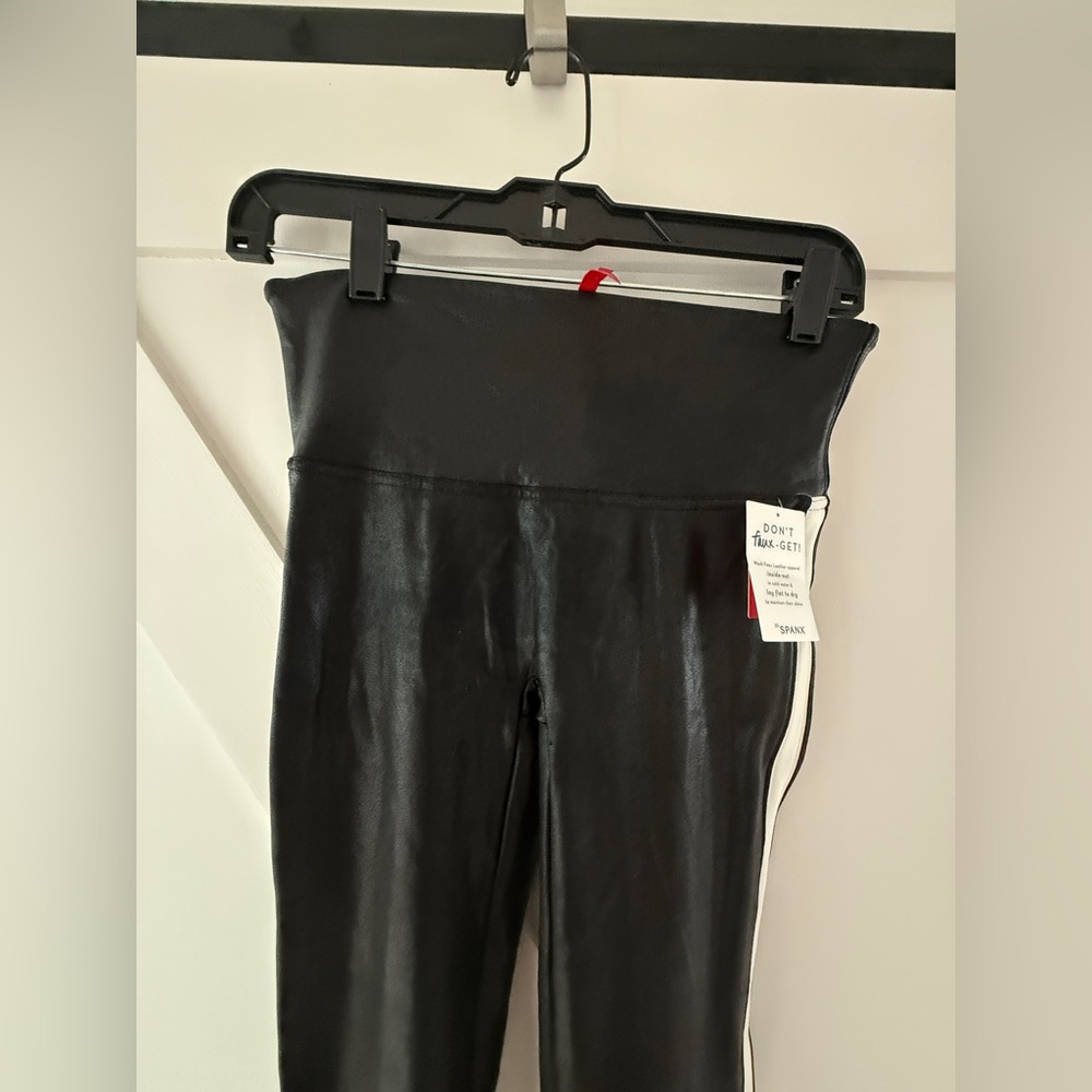 Faux Leather Spanx Leggings, Size M, Black With White Stripe